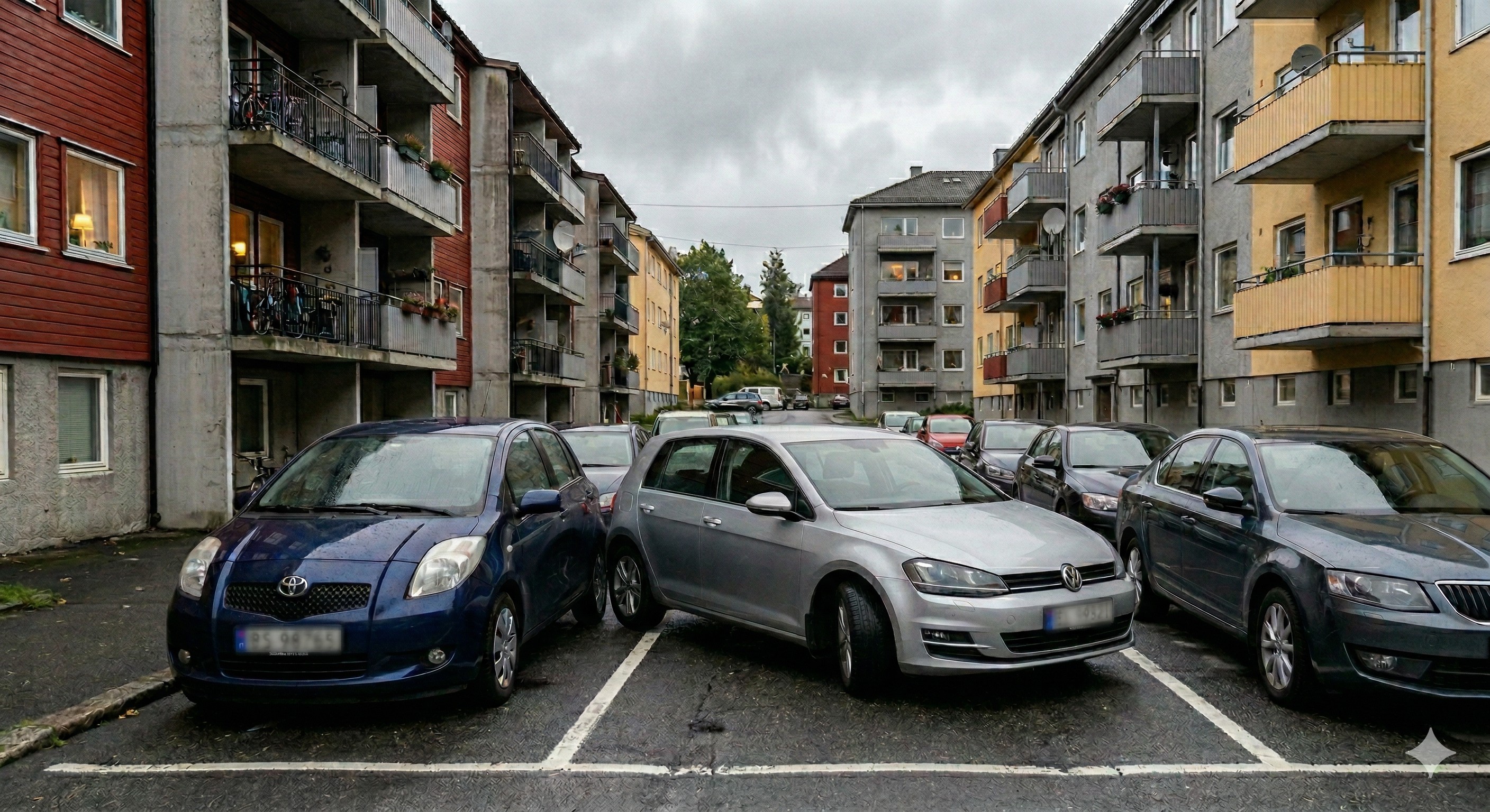 Feilparkert bil på trang parkeringsplass mellom boligblokker