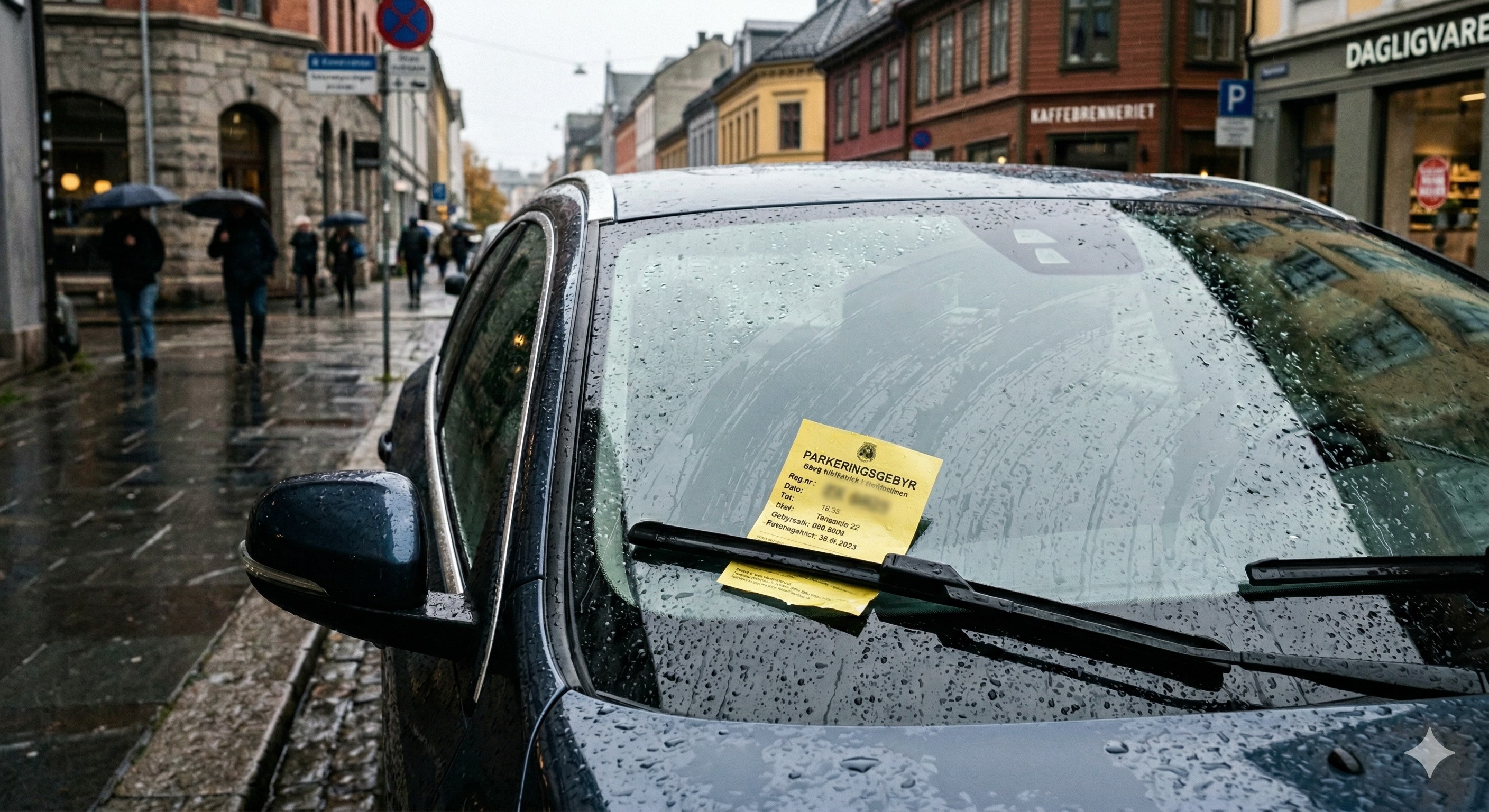 Parkeringsbot under vindusviskeren på en bil i bygate